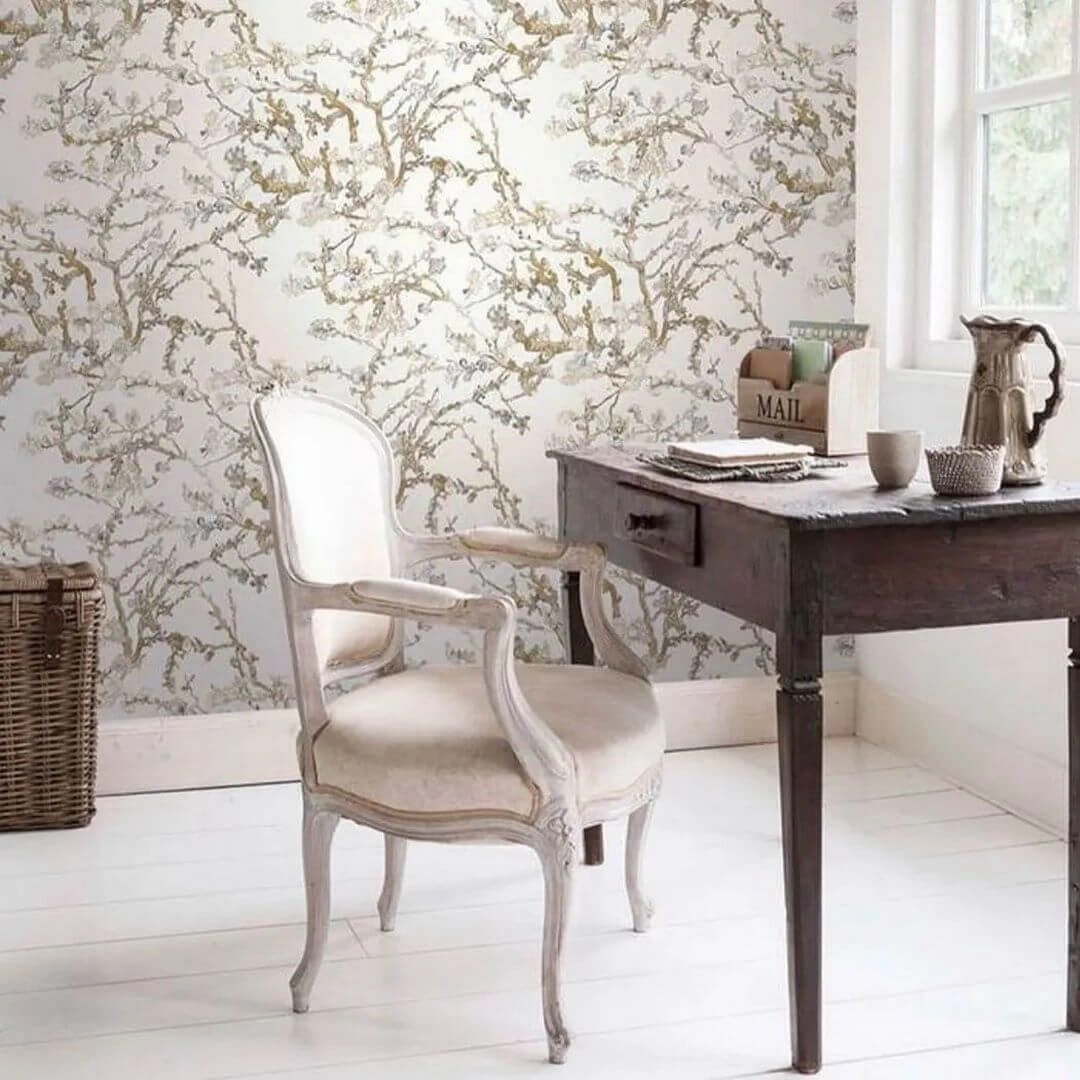 Világos tört fehér mandula virág mintás Van Gogh design tapéta