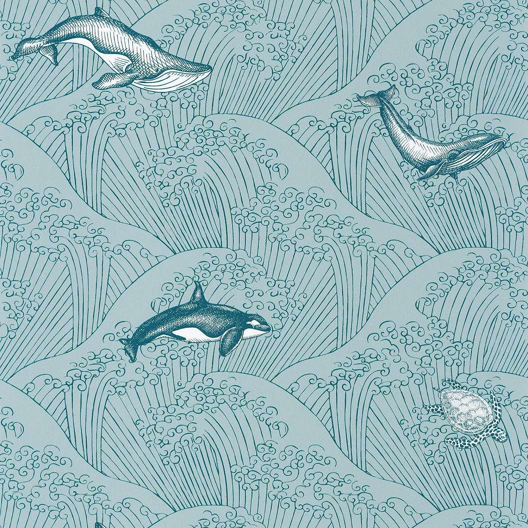 Világoskék gyerek tapéta bálna, delfin mintával