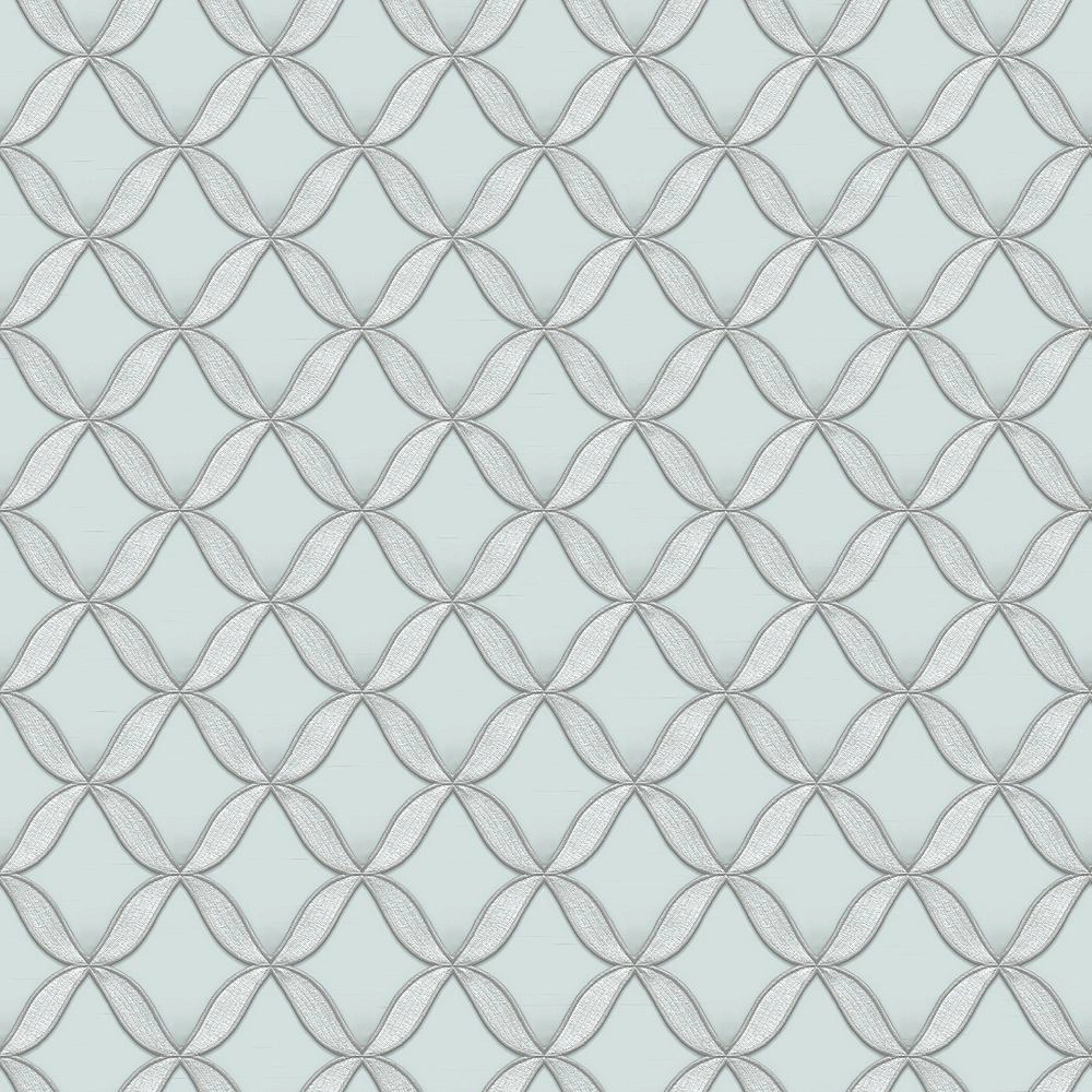 Világoskék hímzett hatású dekor tapéta geometrikus mintával