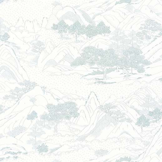 Világoskék tapéta rajzolt hatású japán hegyvonulat mintával