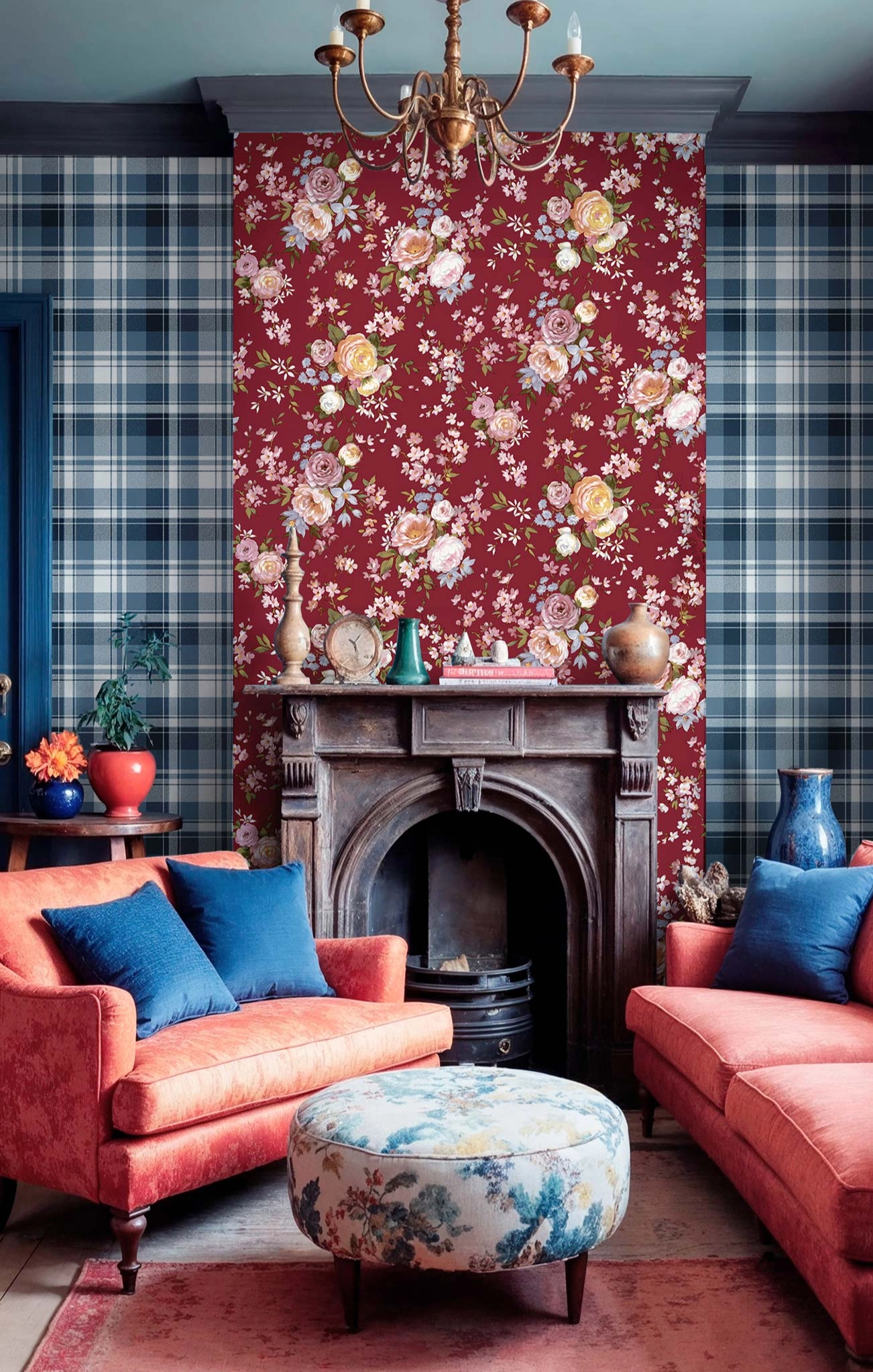 Vintage bordó színű rózsa mintás olasz vinyl tapéta