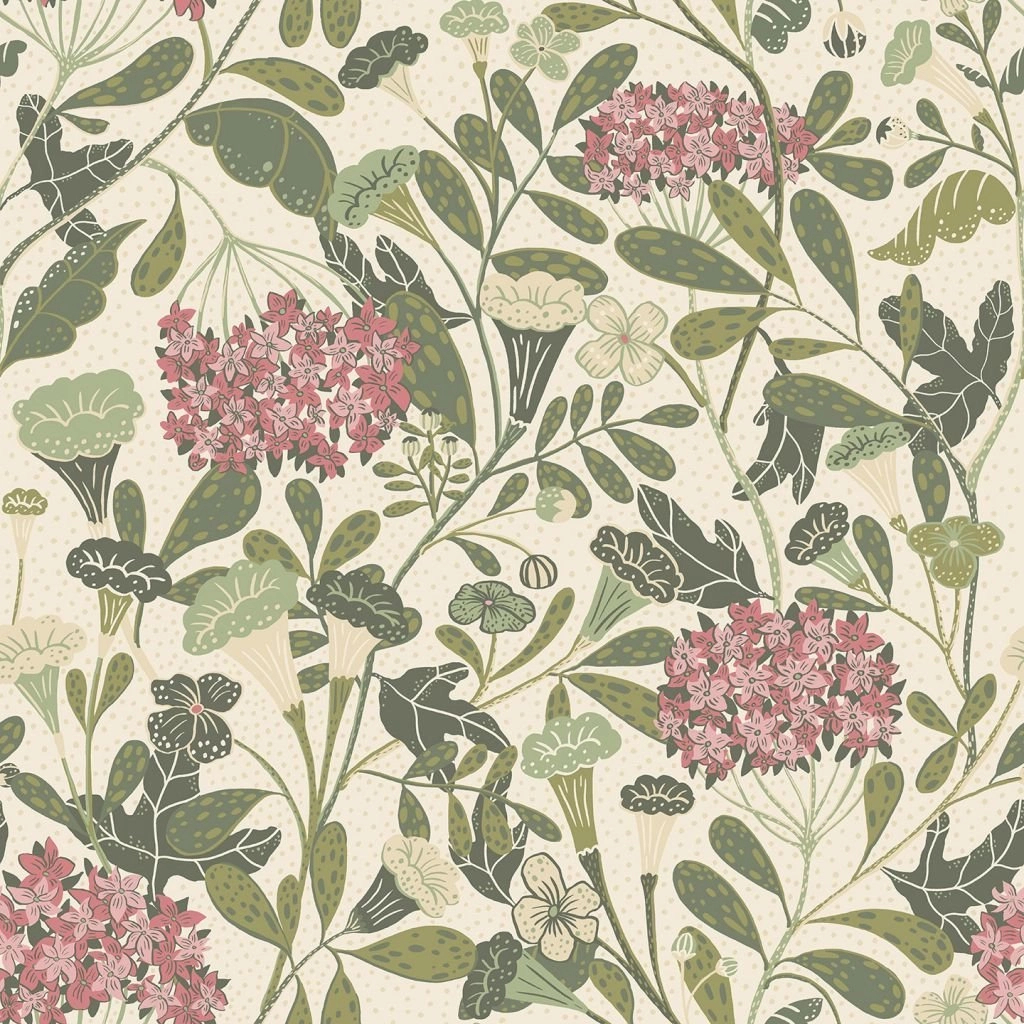 Vintage design tapéta zöld rózsaszín virág mintával