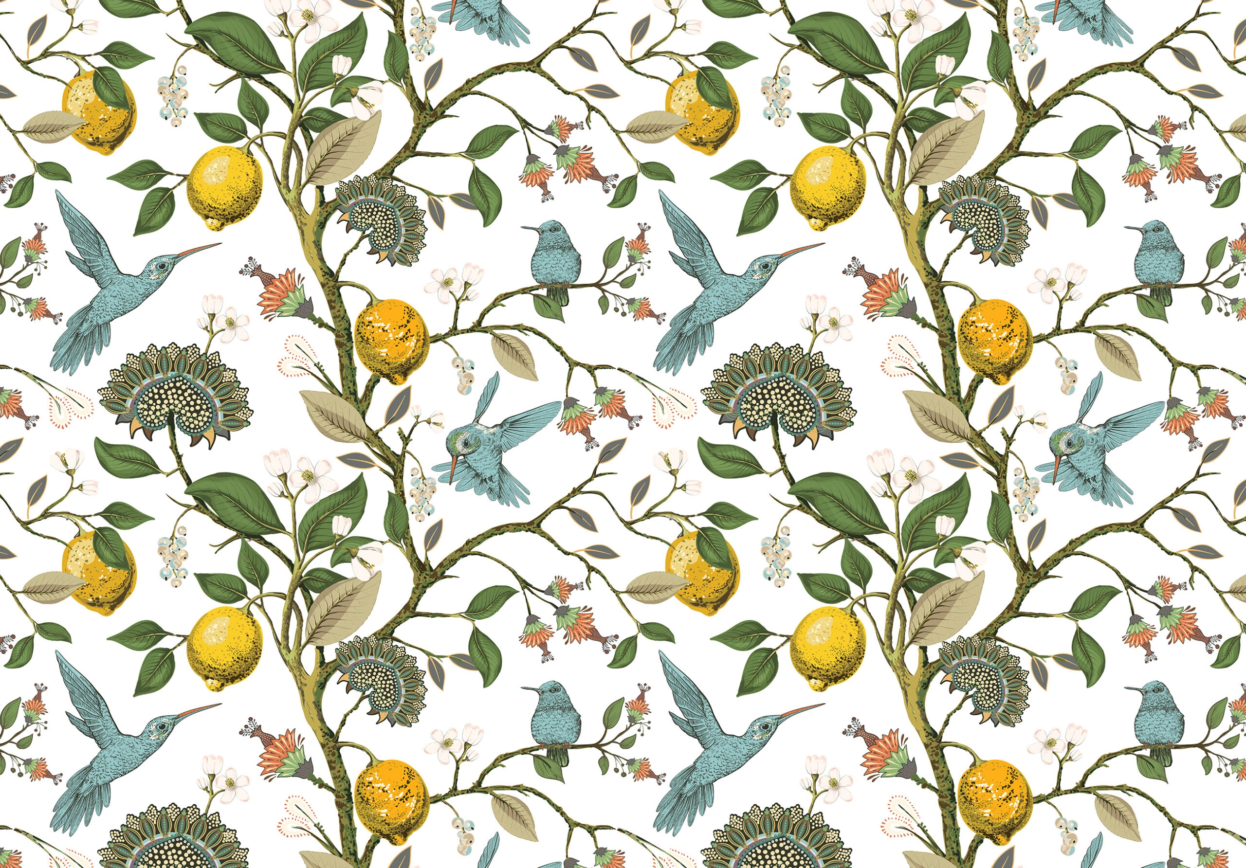 Vintage hangulatú kolibri és botanikus citrom mintás poszter tapéta 368x254 vlies
