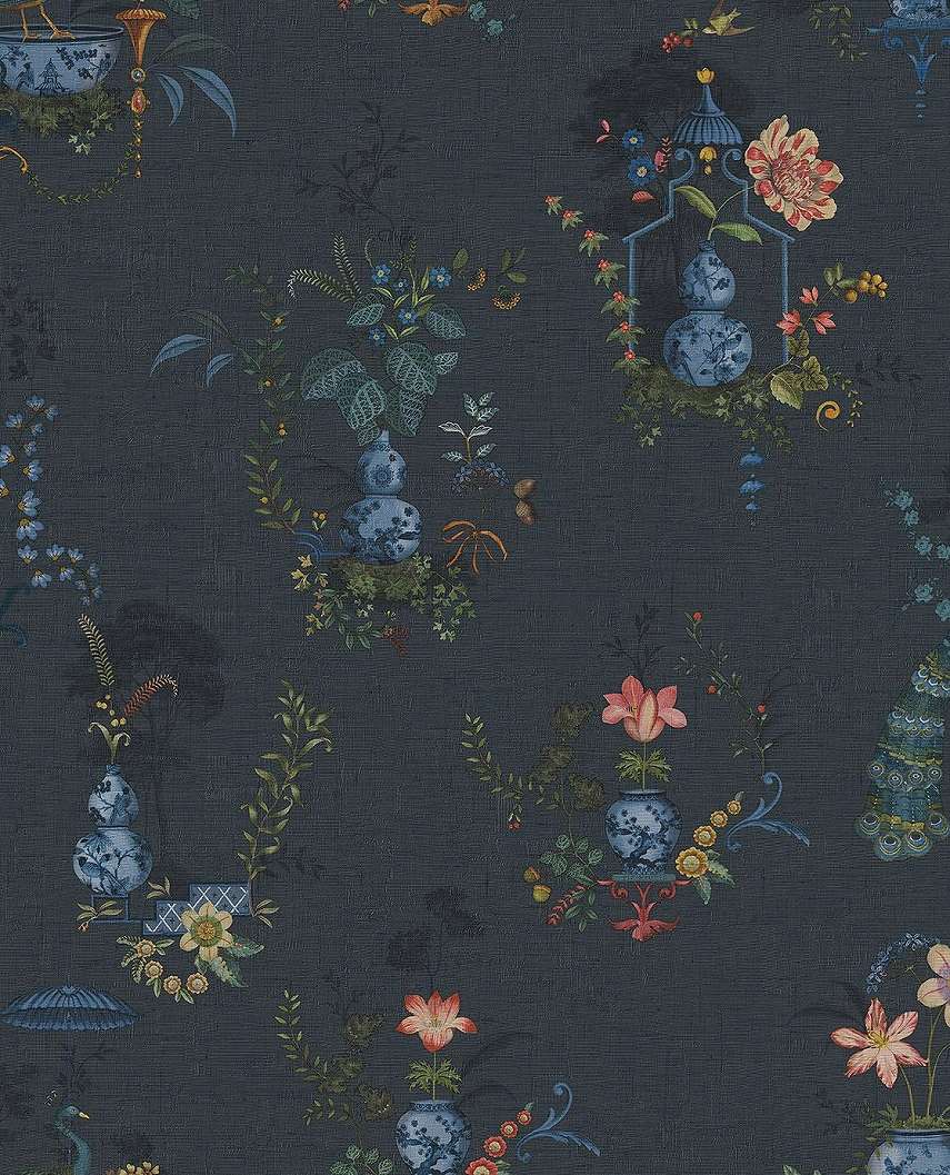 Vintage hangulatú páva és virág mintás design kék színű 70cm széles tapéta