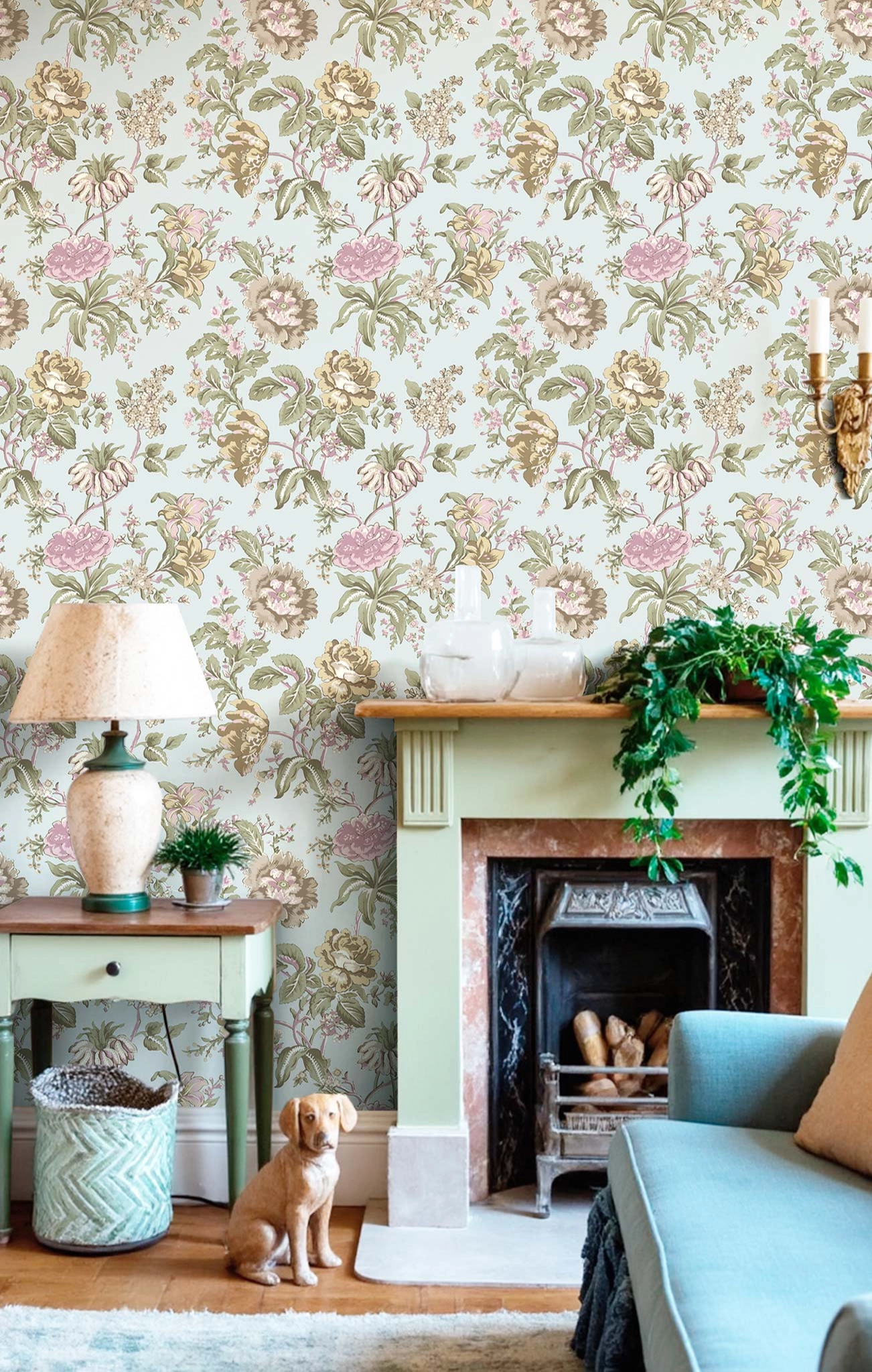 Vintage kék és rózsaszín színű liliom és rózsa mintás olasz vinyl tapéta