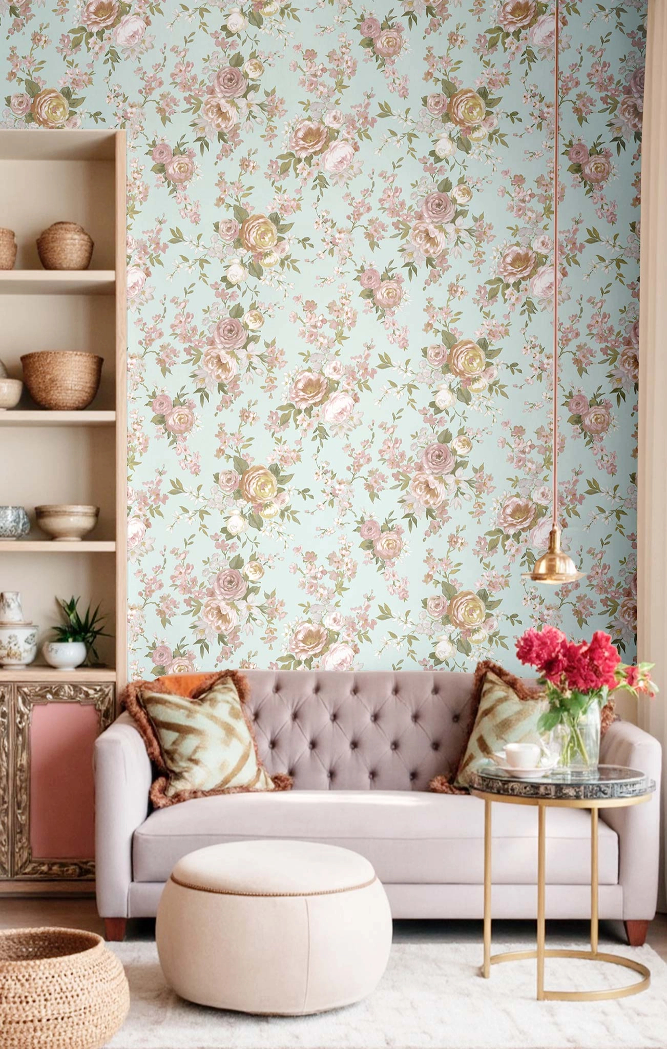 Vintage kék és rózsaszín színű rózsa mintás olasz vinyl tapéta