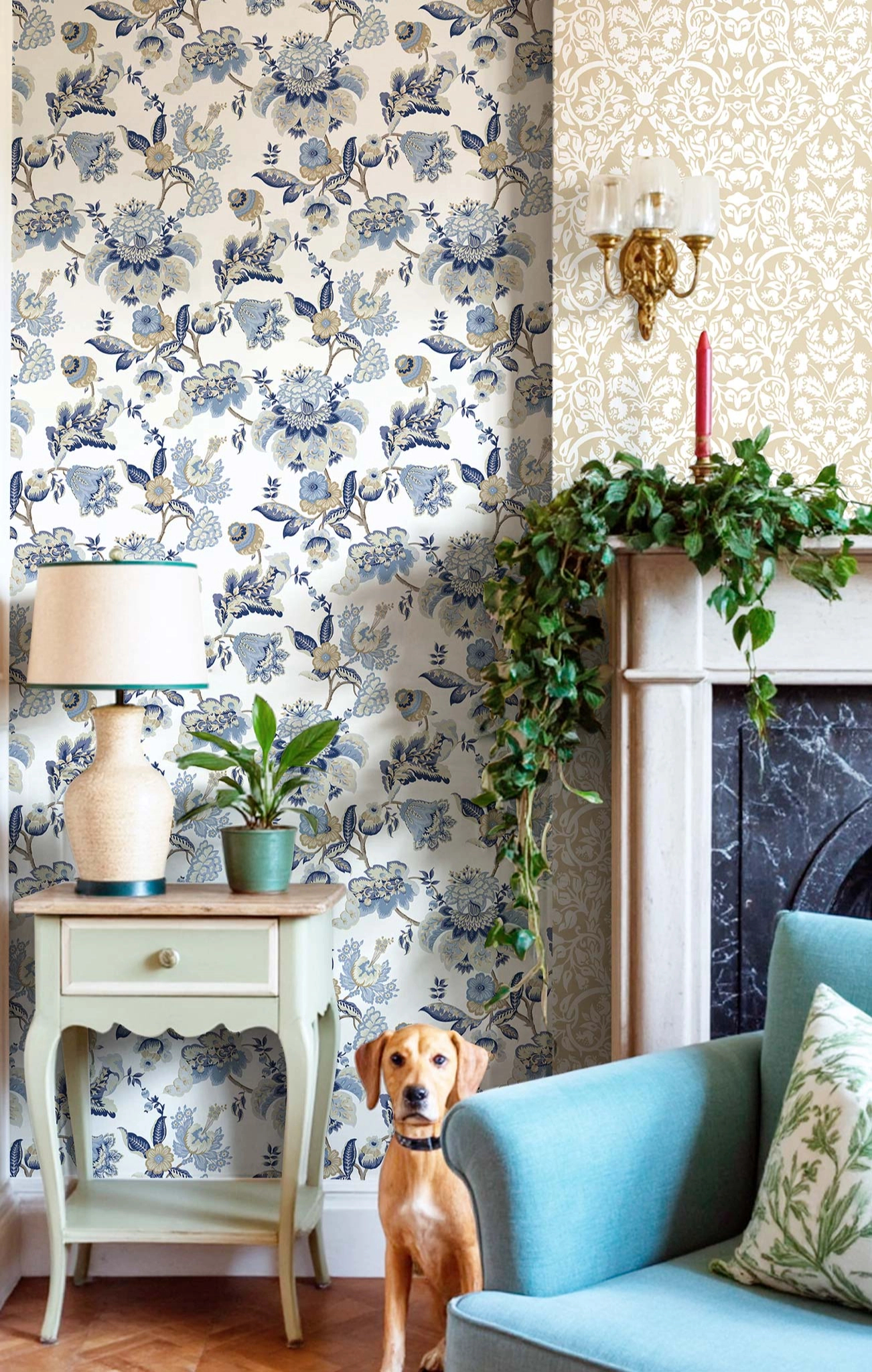 Vintage kék színű virág mintás olasz vinyl tapéta