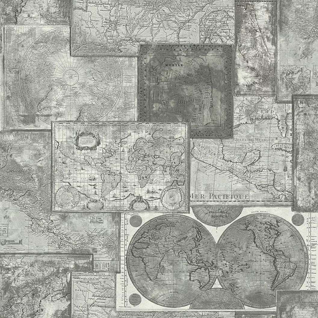 Vintage stílusú térkép mintás tapéta fekete szürke színvilágban