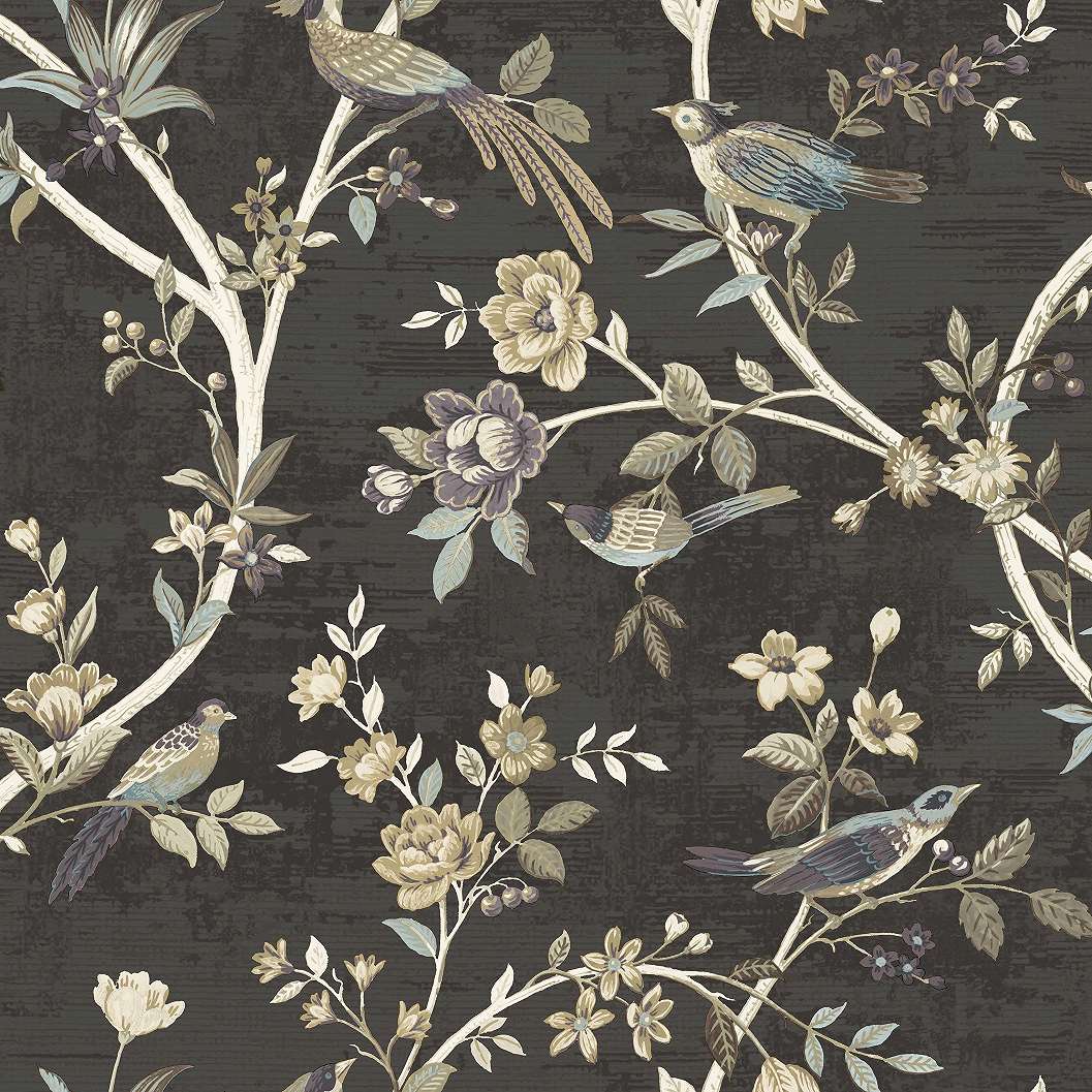 Vintage stílusú virág és madár mintás sötét szürke színű klasszikus design tapéta