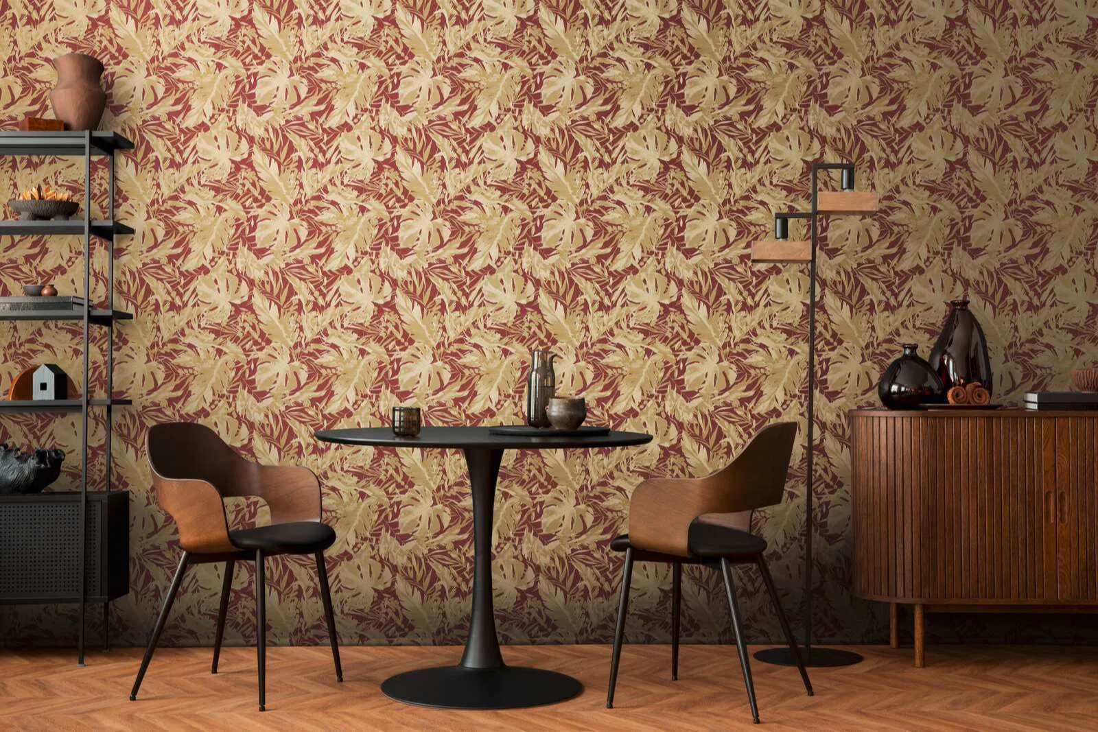 Vinyl dekor tapéta arany és bordó színű levél mintával