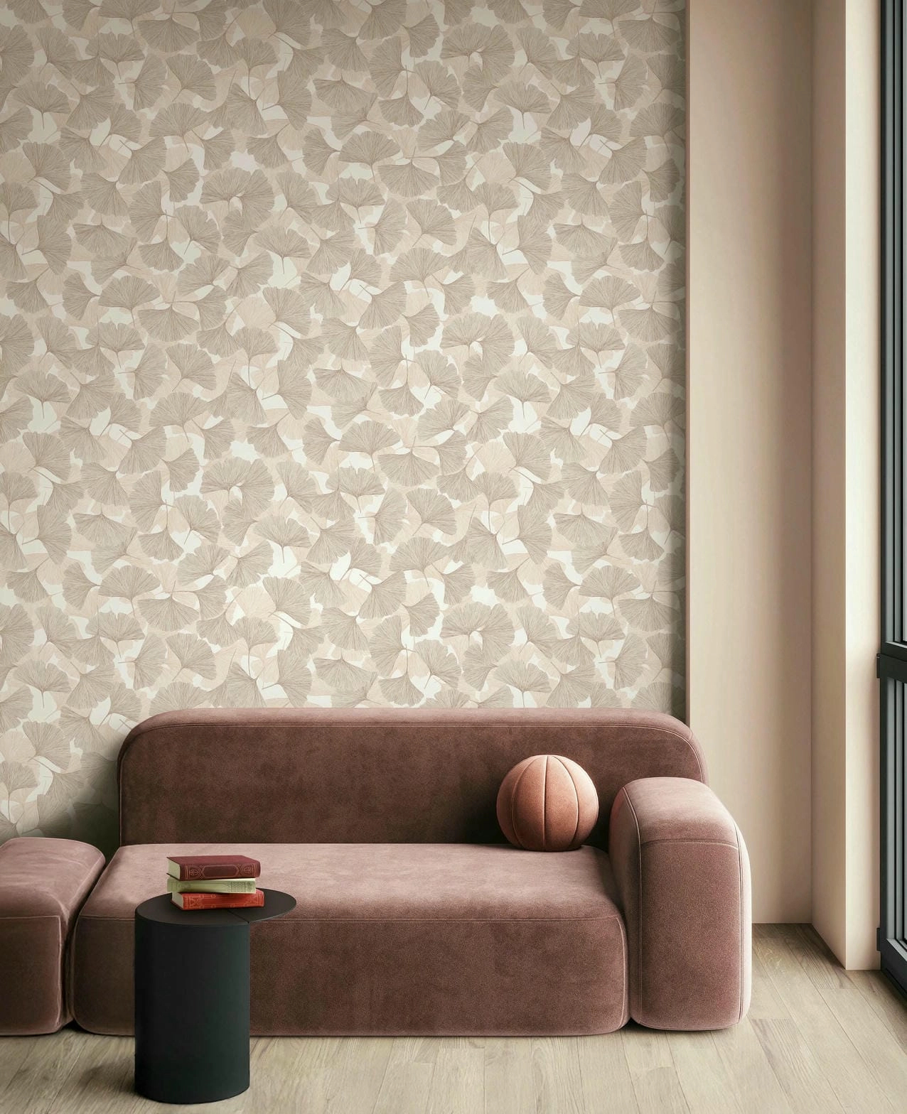 Vinyl dekor tapéta beige és barna ginkgo falevél mintával