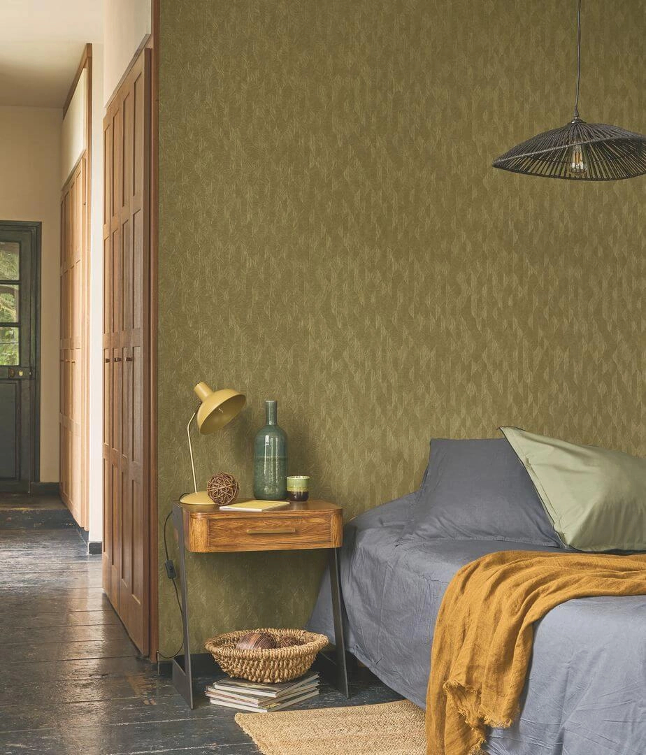 Vinyl dekor tapéta geometrikus stilizált kis leveles mintával barnászöld színben