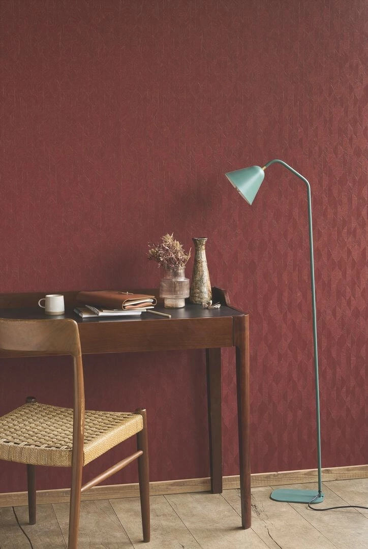 Vinyl dekor tapéta geometrikus stilizált kis leveles mintával bársonyvörös színben