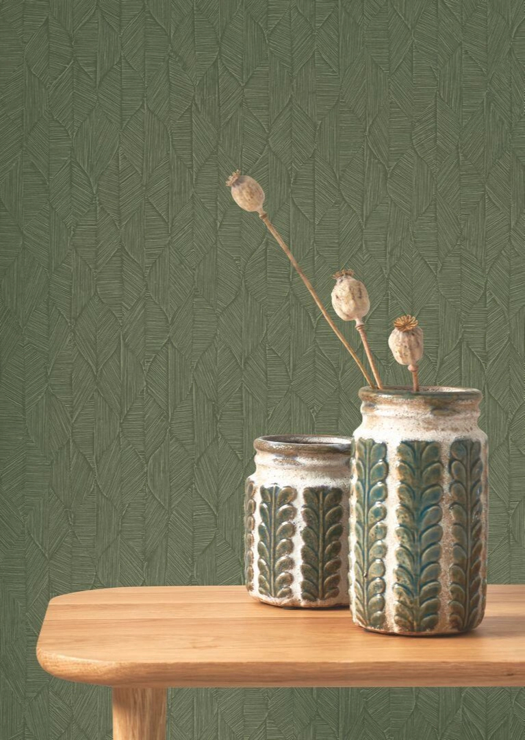 Vinyl dekor tapéta geometrikus stilizált kis leveles mintával fazekaszöld színben