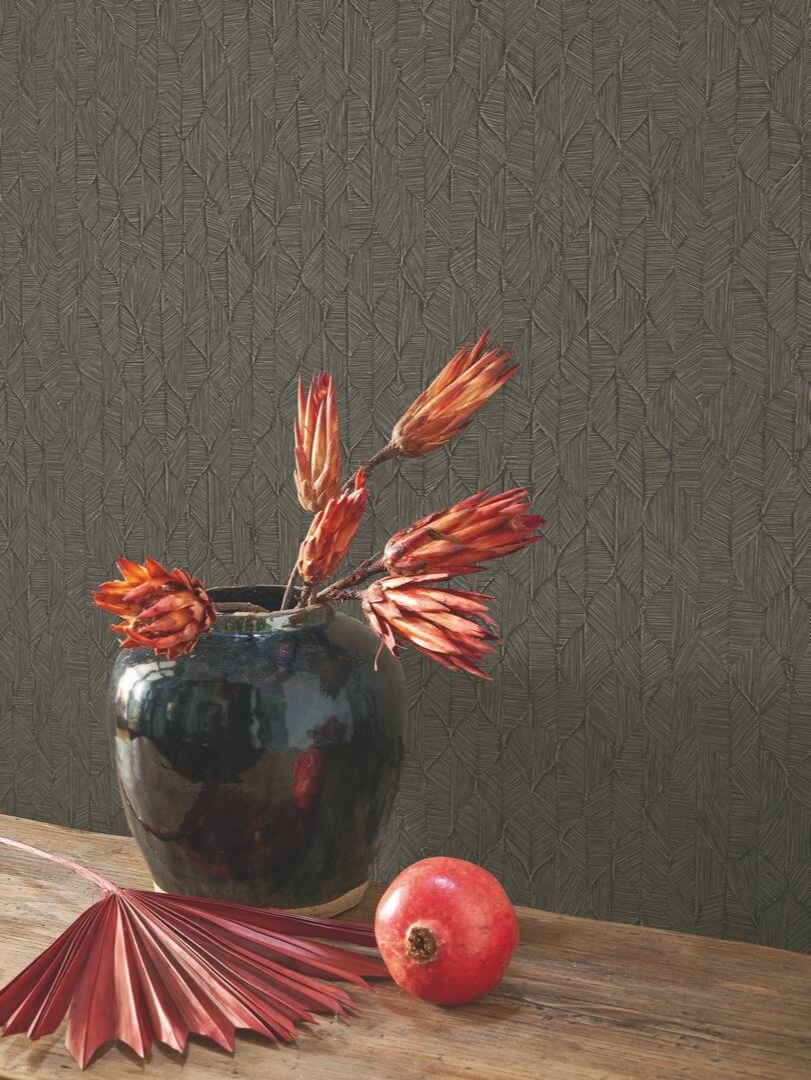 Vinyl dekor tapéta geometrikus stilizált kis leveles mintával fekete színben