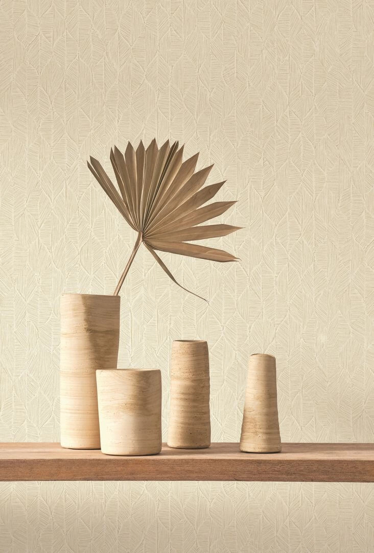 Vinyl dekor tapéta geometrikus stilizált kis leveles mintával krém színben