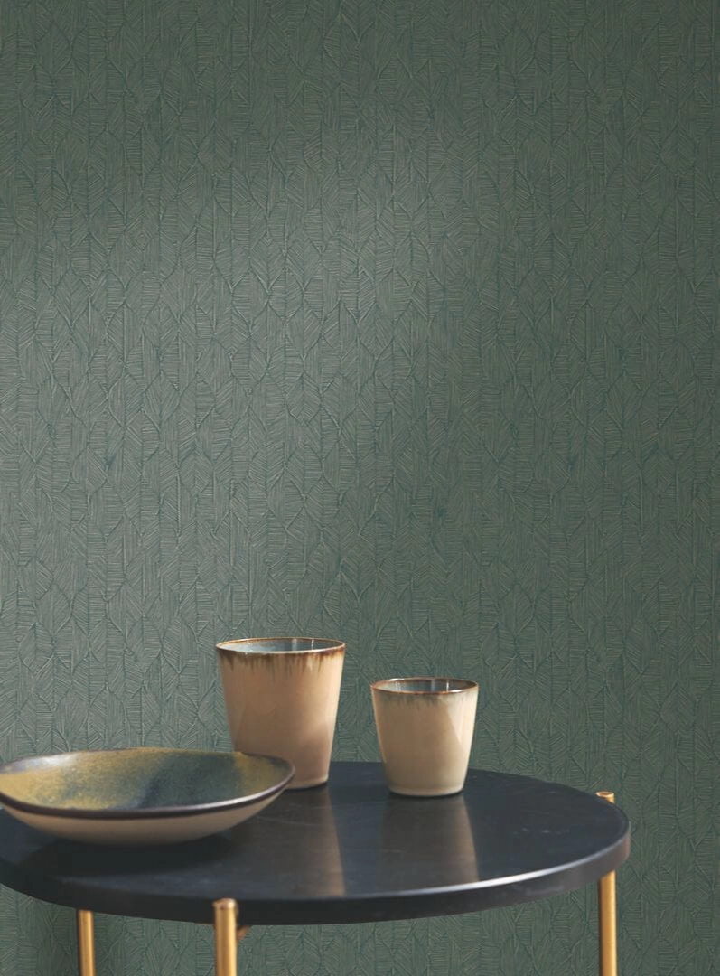 Vinyl dekor tapéta geometrikus stilizált kis leveles mintával mohazöld színben