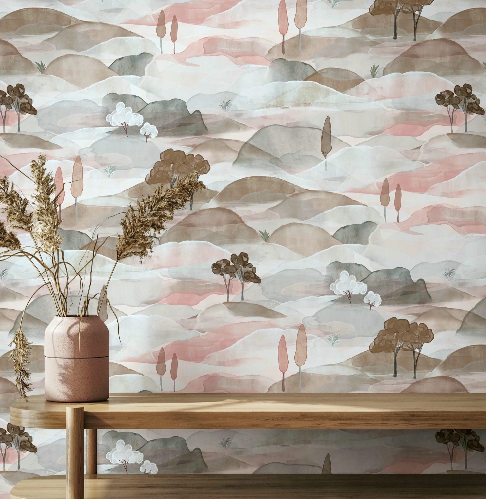 Vinyl dekor tapéta kék és rózsaszín akvarell tájkép mintával