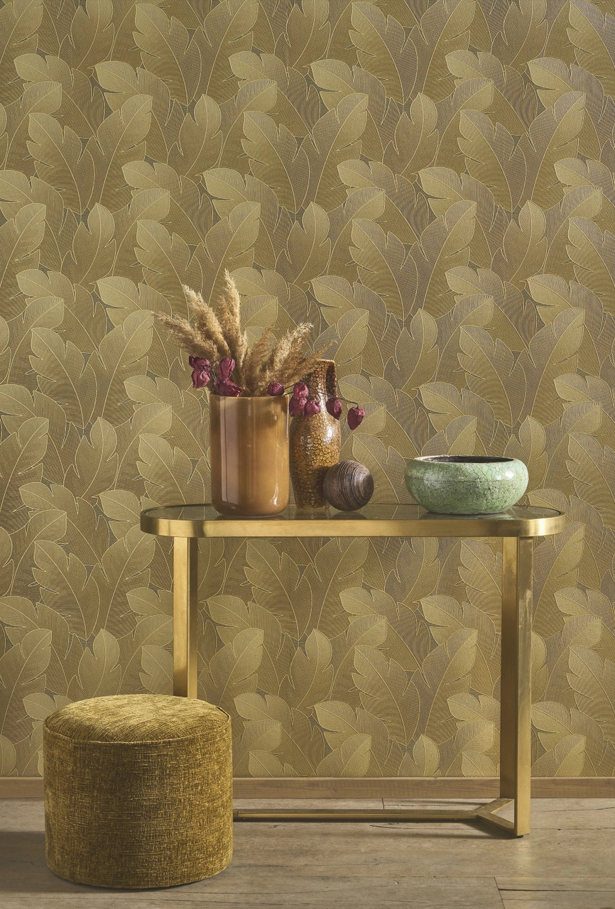 Vinyl dekor tapéta levél mintával dohánybarna és arany színben