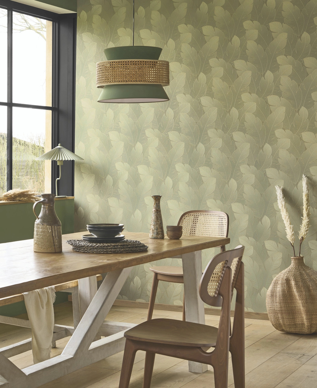 Vinyl dekor tapéta levél mintával eukaliptuszzöld és arany színben