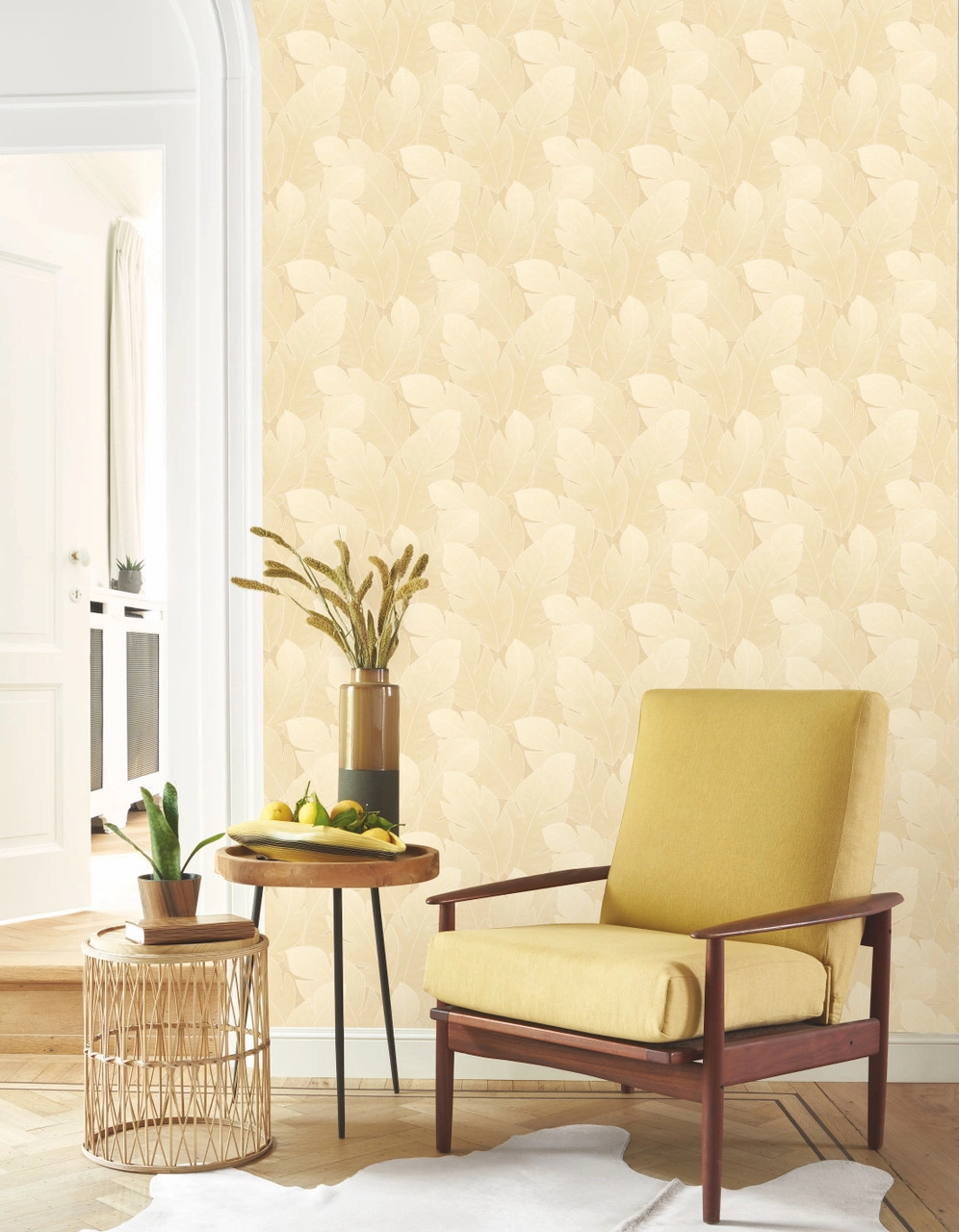 Vinyl dekor tapéta levél mintával homokkő színben