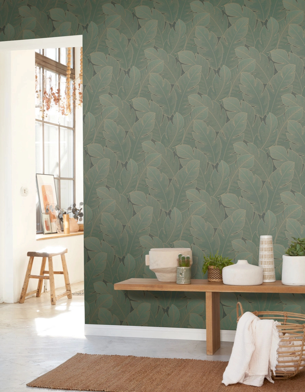 Vinyl dekor tapéta levél mintával smaragdzöld és arany színben