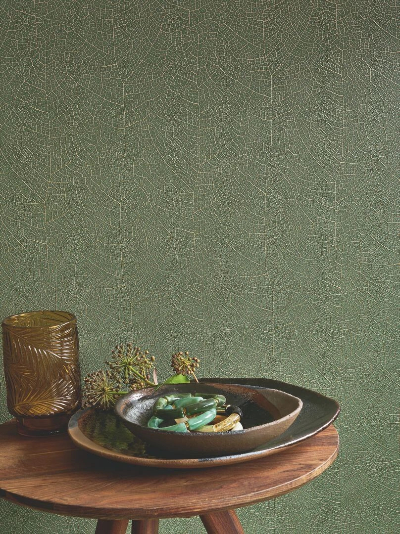 Vinyl dekor tapéta levélerezet mintával mohazöld színben