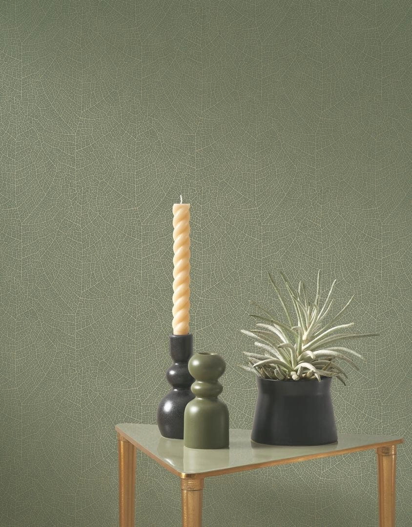 Vinyl dekor tapéta levélerezet mintával sötétzsályazöld színben