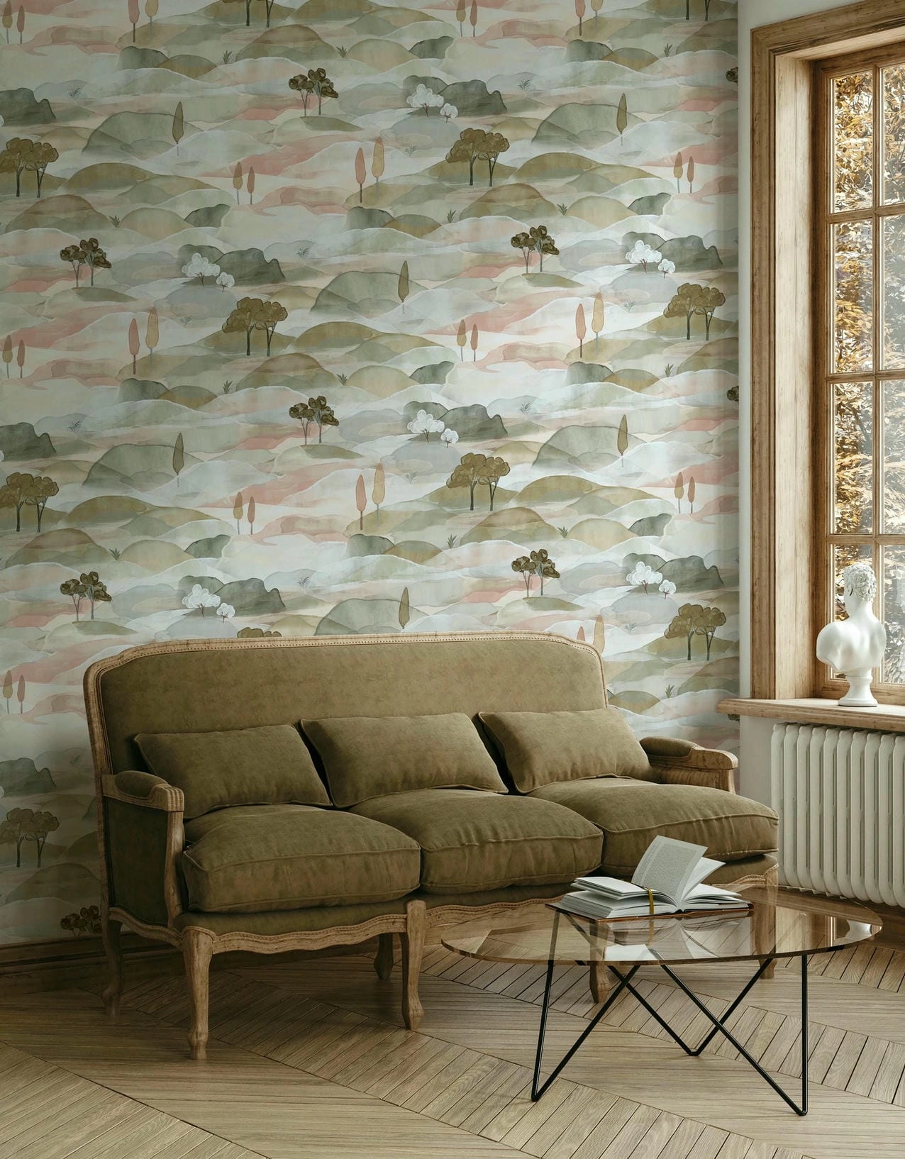 Vinyl dekor tapéta meleg zöldes hatású akvarell tájkép mintával