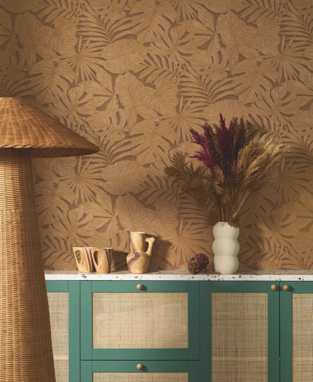 Vinyl dekor tapéta nagy pálmaleveles mintával barna színben