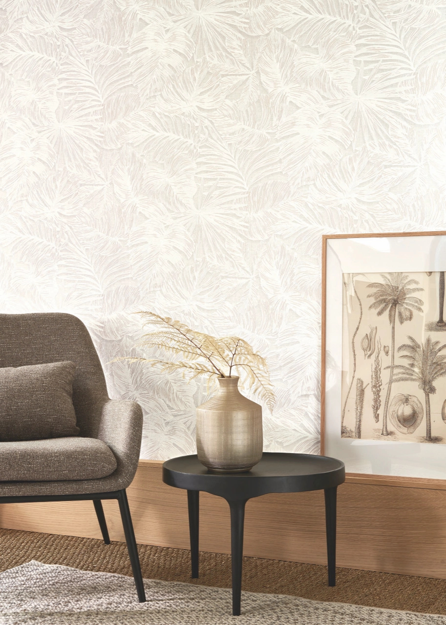 Vinyl dekor tapéta nagy pálmaleveles mintával fehér színben