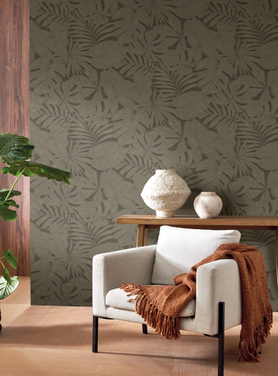 Vinyl dekor tapéta nagy pálmaleveles mintával fekete és sötétbarna színben