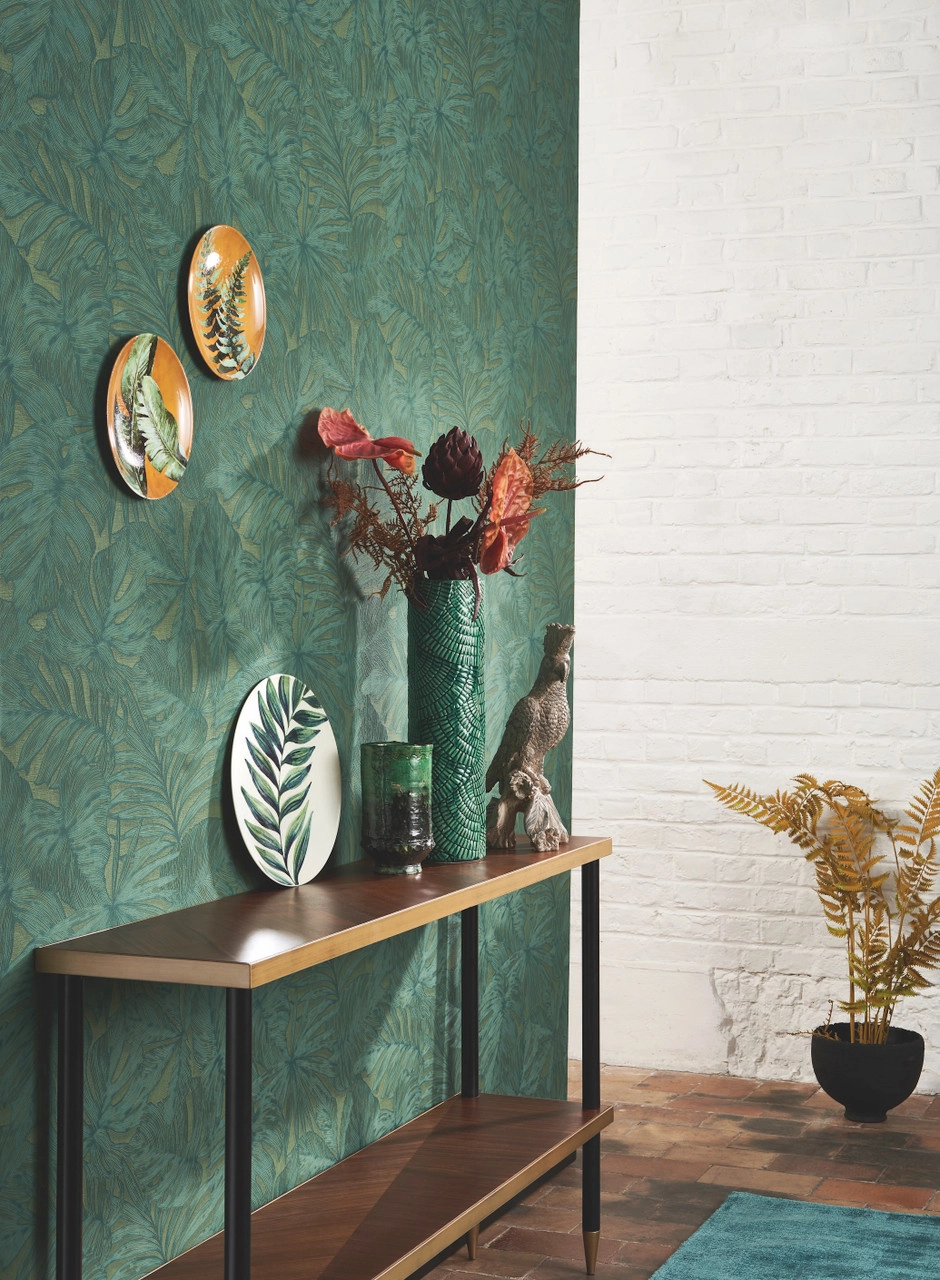 Vinyl dekor tapéta nagy pálmaleveles mintával kékeszöld színben