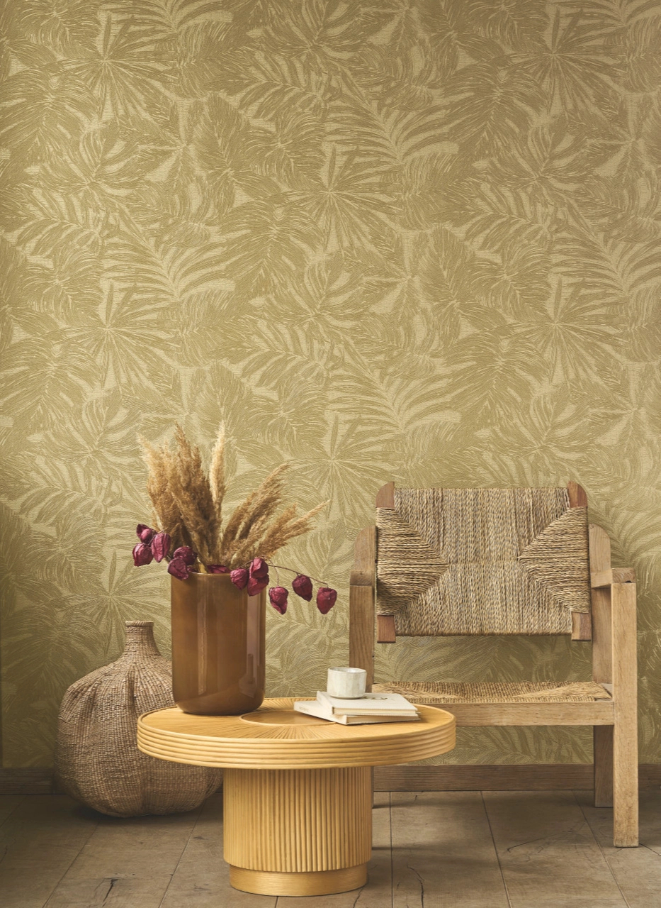 Vinyl dekor tapéta nagy pálmaleveles mintával keki színben