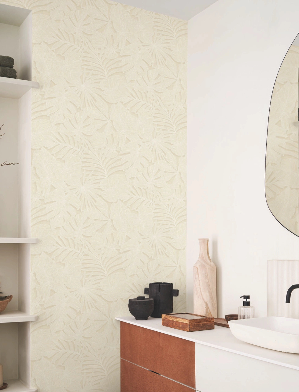 Vinyl dekor tapéta nagy pálmaleveles mintával krém színben