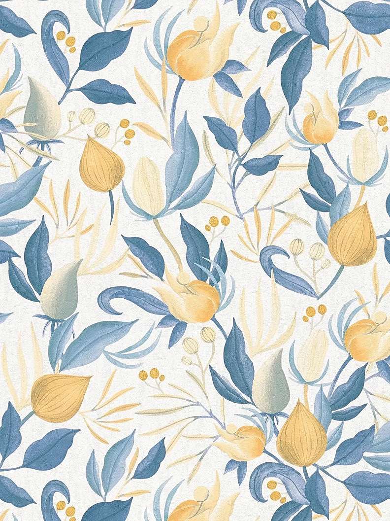 Vinyl dekor tapéta sárga és kék színű virág mintával