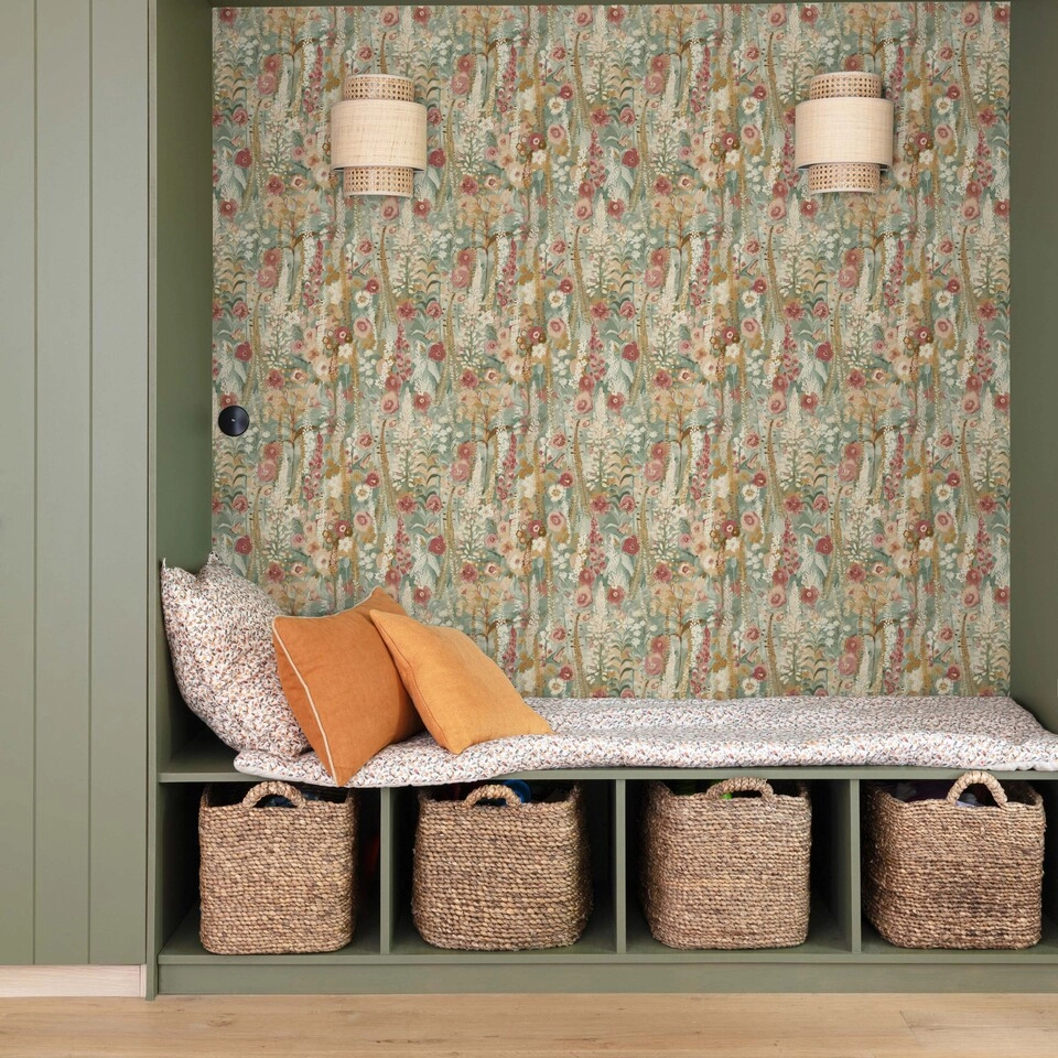 Vinyl tapéta akverell mezei virág mintával zöld színben