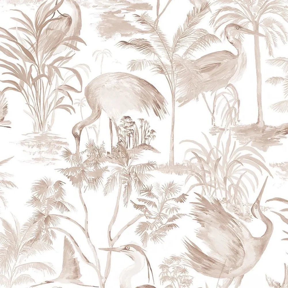 Vinyl tapéta barna színben madár és trópusi botanikus mintával