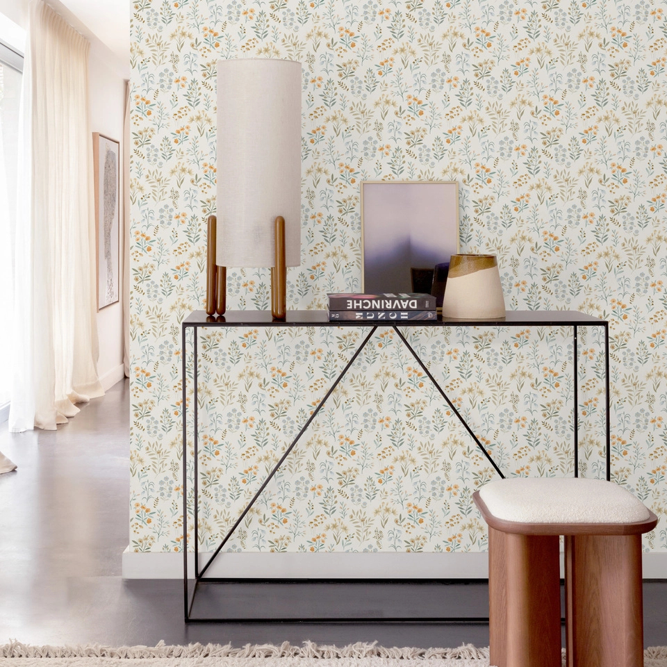 Vinyl tapéta natúr alapon kék virág mintával