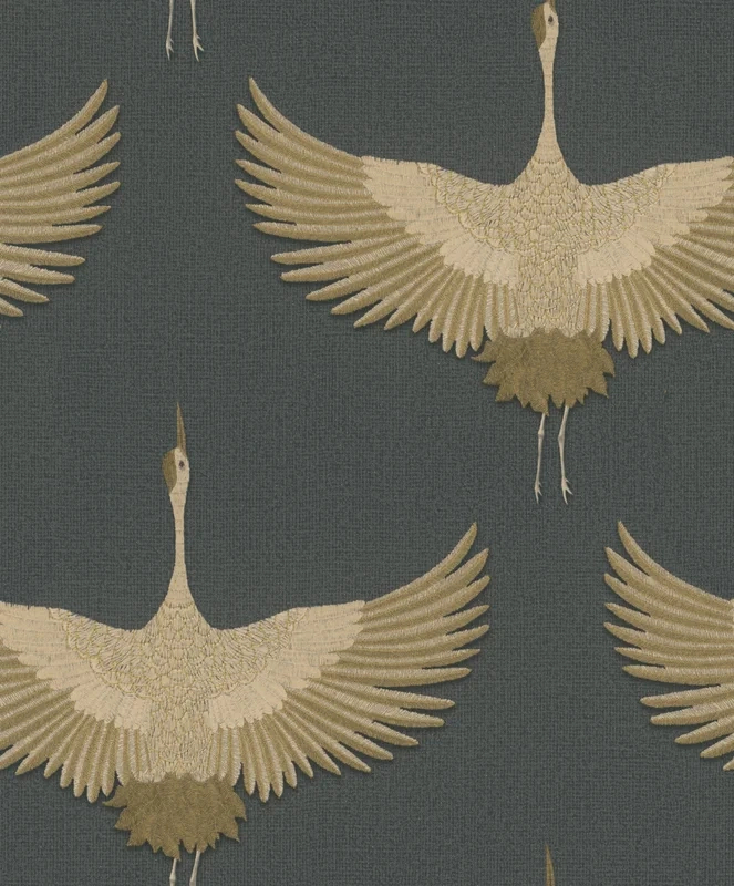 Vinyl tapéta szürke textiles alapon daru madár mintával