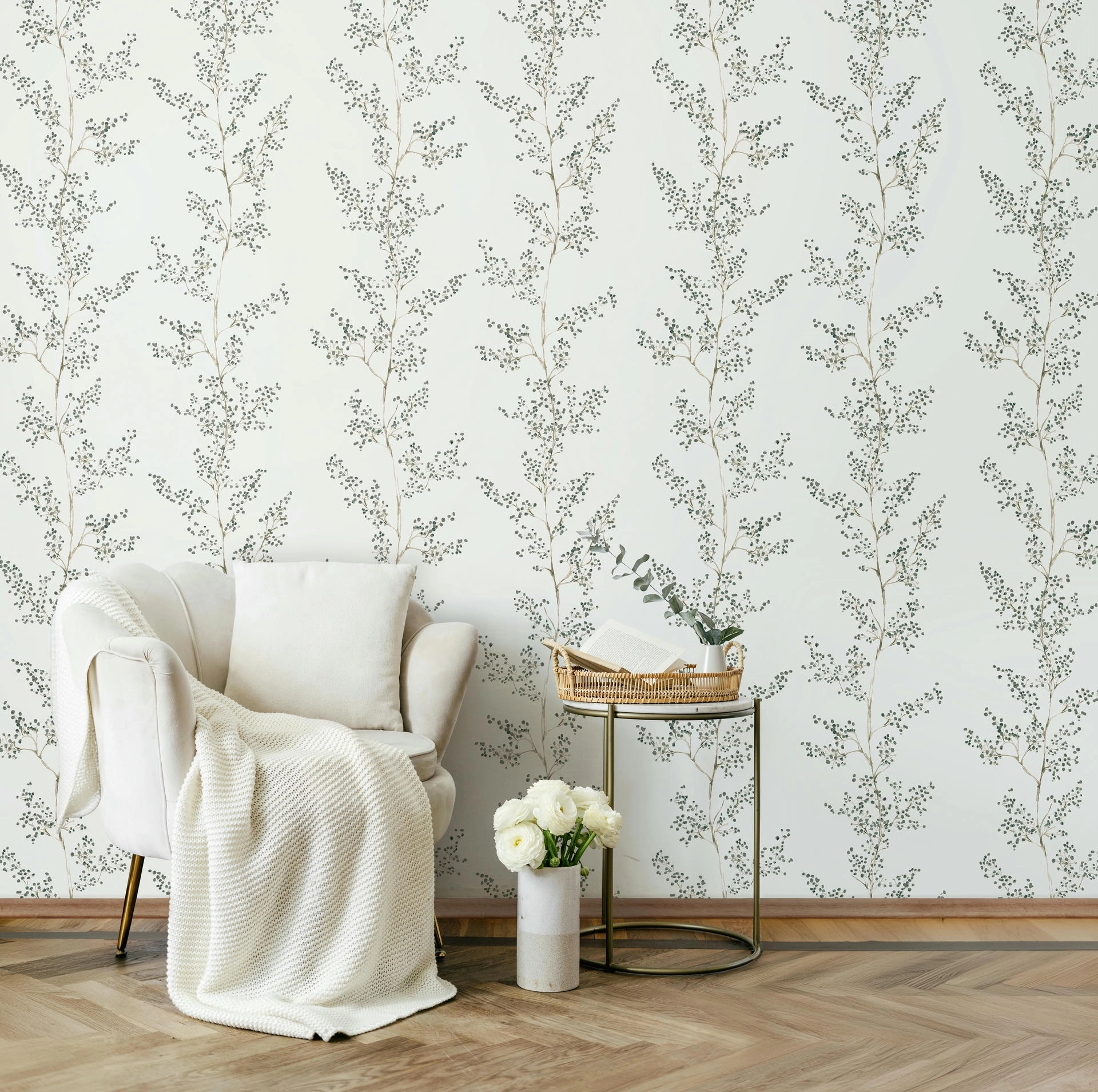 Vinyl tapéta zöld virág mintával skandináv stílusban