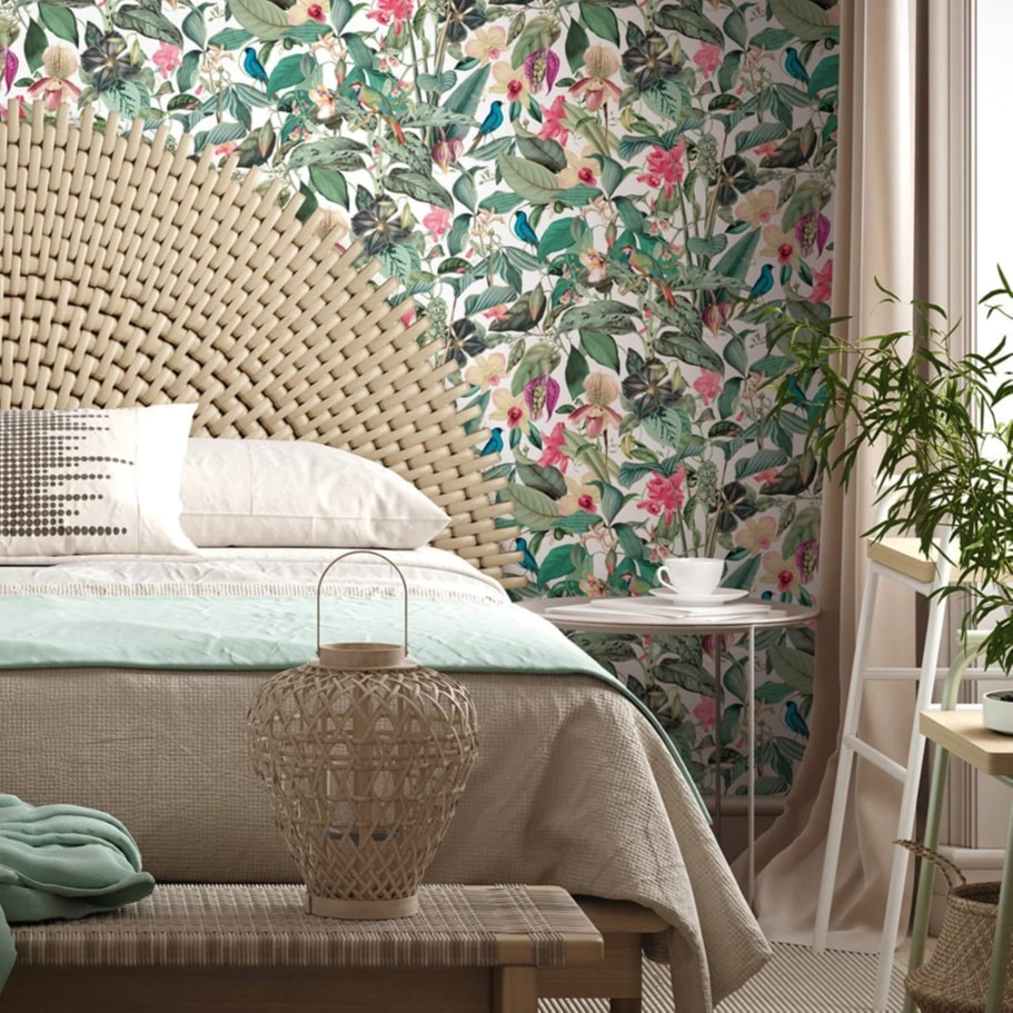 Virág és madár mintás zöld és rózsaszín színű fehér háttéren elegáns design tapéta