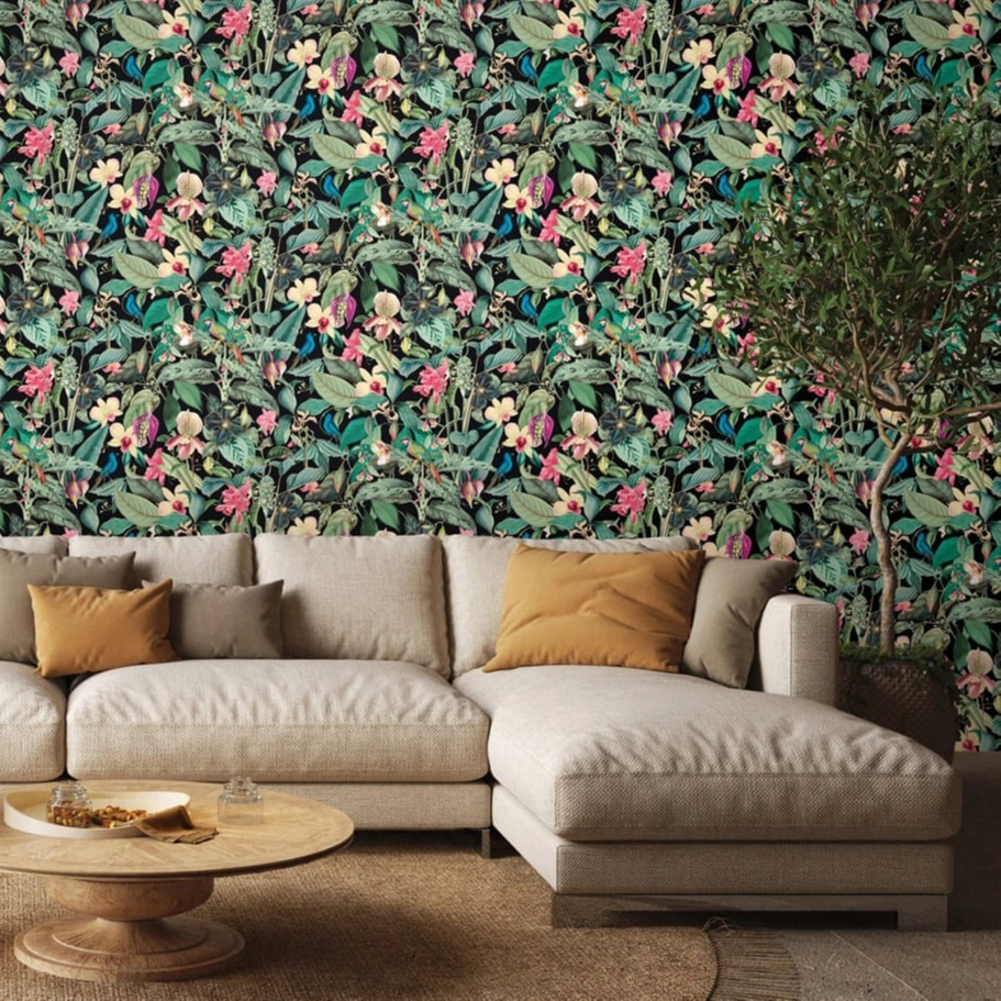 Virág és madár mintás zöld és rózsaszín színű fekete háttéren elegáns design tapéta