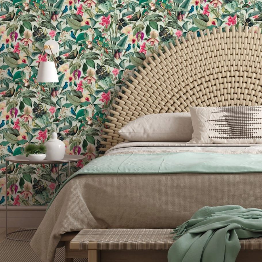 Virág és madár mintás zöld és rózsaszín színű zöld háttéren elegáns design tapéta