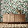 Virág és madár mintás zöld és rózsaszín színű zöld háttéren elegáns design tapéta