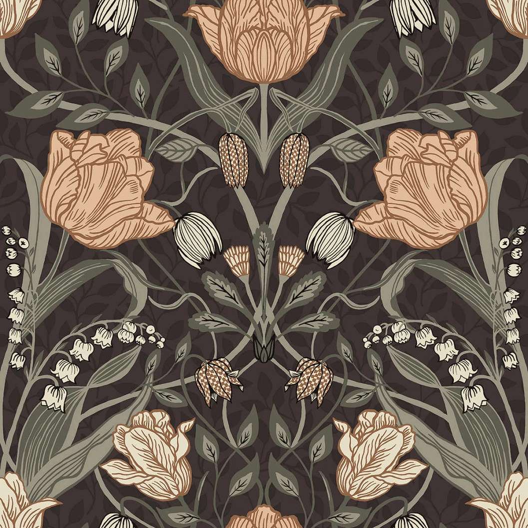 Virág mintás angol vintage stílusú barna, rózsaszín és szürke színű design tapéta