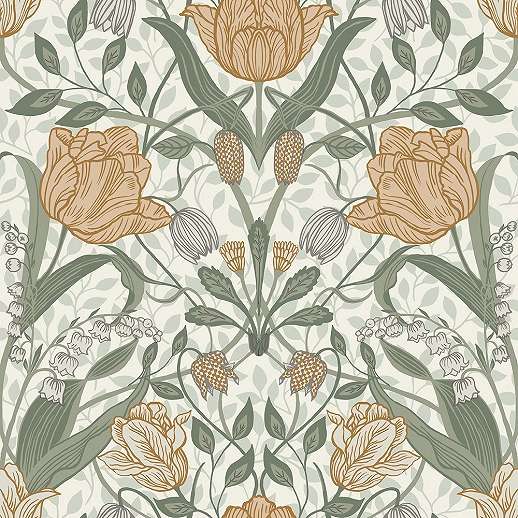 Virág mintás angol vintage stílusú fehér és zöld színű design tapéta