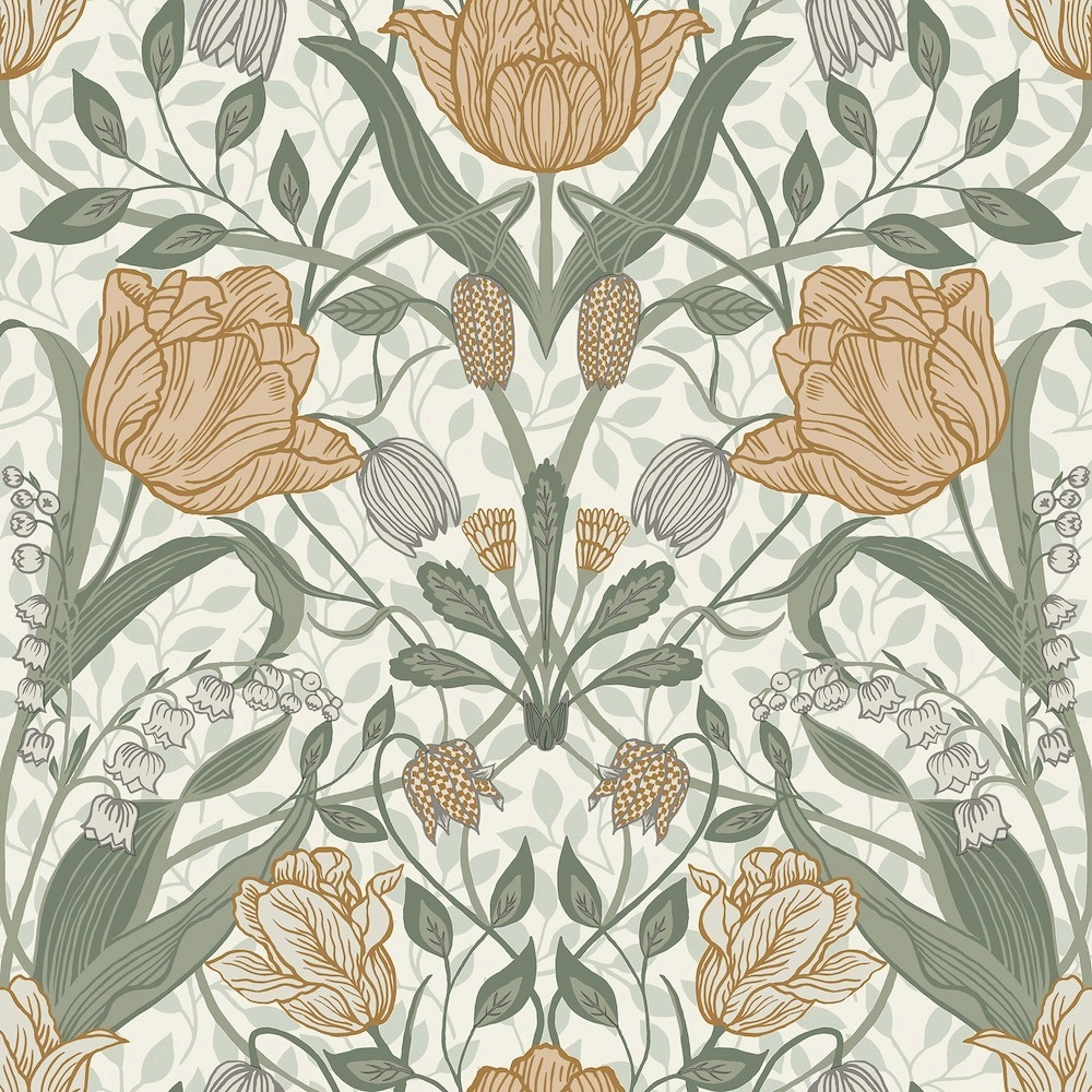 Virág mintás angol vintage stílusú fehér és zöld színű design tapéta