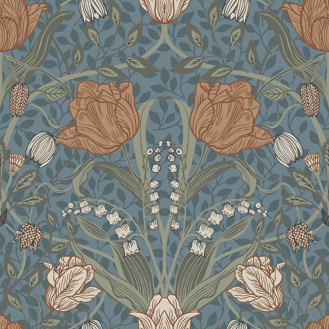 Virág mintás angol vintage stílusú kék színű design tapéta
