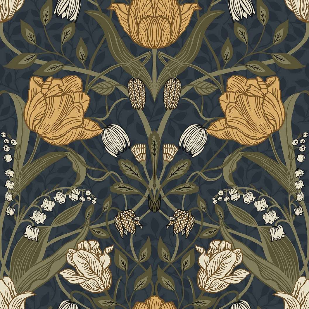 Virág mintás angol vintage stílusú zöld, kék és sárga színű design tapéta